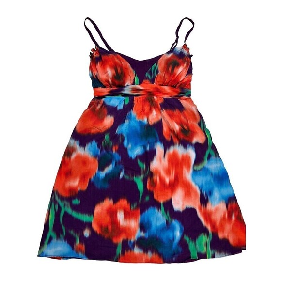 Bebe Women Sz Small 90s Y2K Boho Multicolor Babydoll Mini Dress Silk Blend - Picture 1 of 9